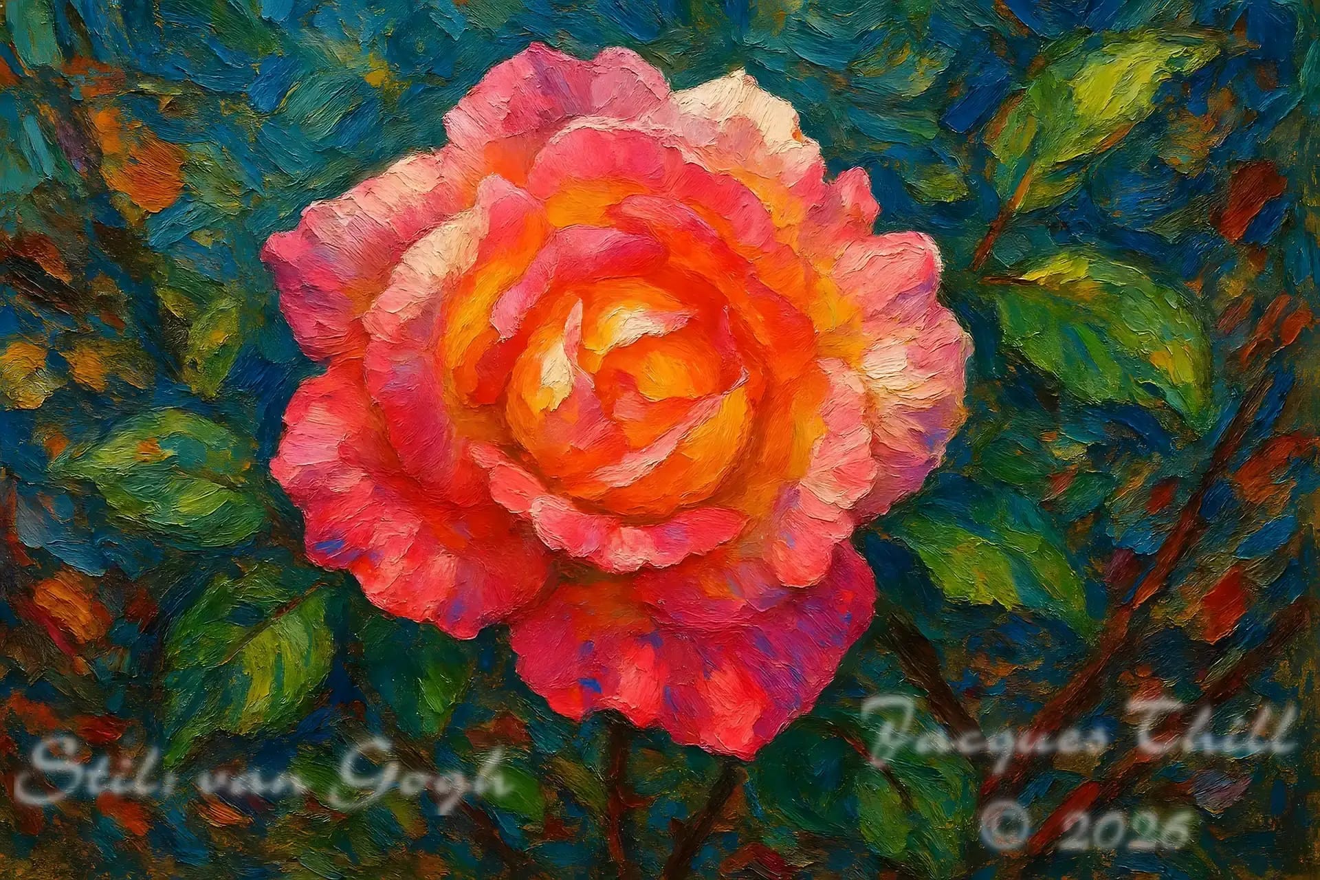 Gemälde im Stil von Vincent van Gogh mit expressiven Pinselstrichen und leuchtenden Farben.