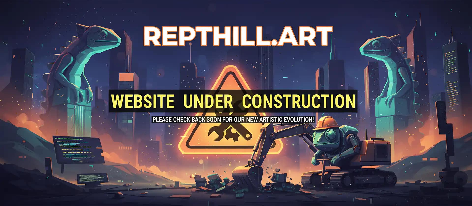 Futuristic sci-fi website under construction banner with robotic and alien design elements.