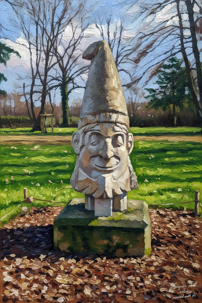 Digitale Kunstfigur eines Zwergs mit KI-verändertem Gesichtsausdruck