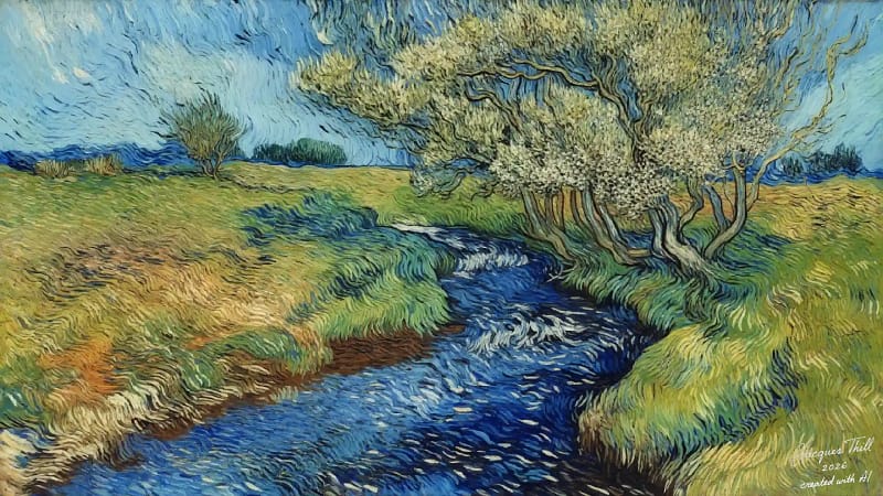 Blauer Bach durch eine Wiesenlandschaft mit knorrigem blühendem Baum am Ufer im expressiven Stil van Goghs