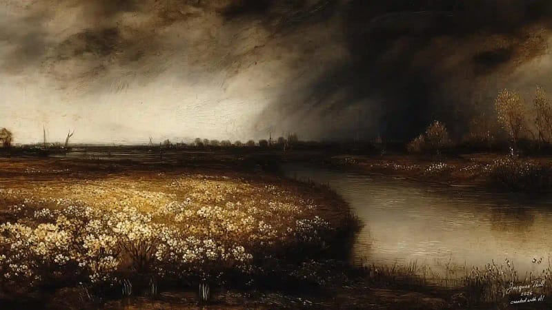 Herannahendes Unwetter über flacher holländischer Landschaft mit Windmühlen im Stil von Rembrandts dramatischer Malerei