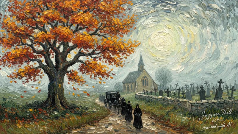 Impressionistisches Gemälde eines herbstlichen Kirchwegs mit Spaziergängern im sanften Nebel