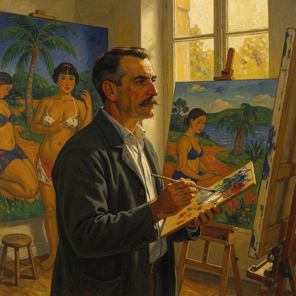 Gemälde von Paul Gauguin mit leuchtenden Farben und figürlichen Motiven im postimpressionistischen Stil.